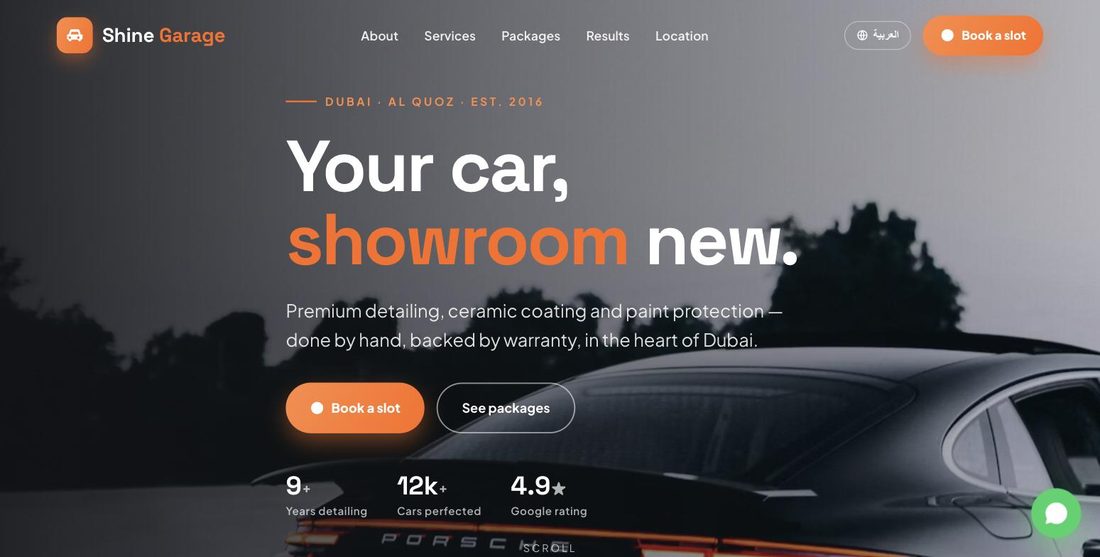 Shine Garage website demo — ScrollJuice