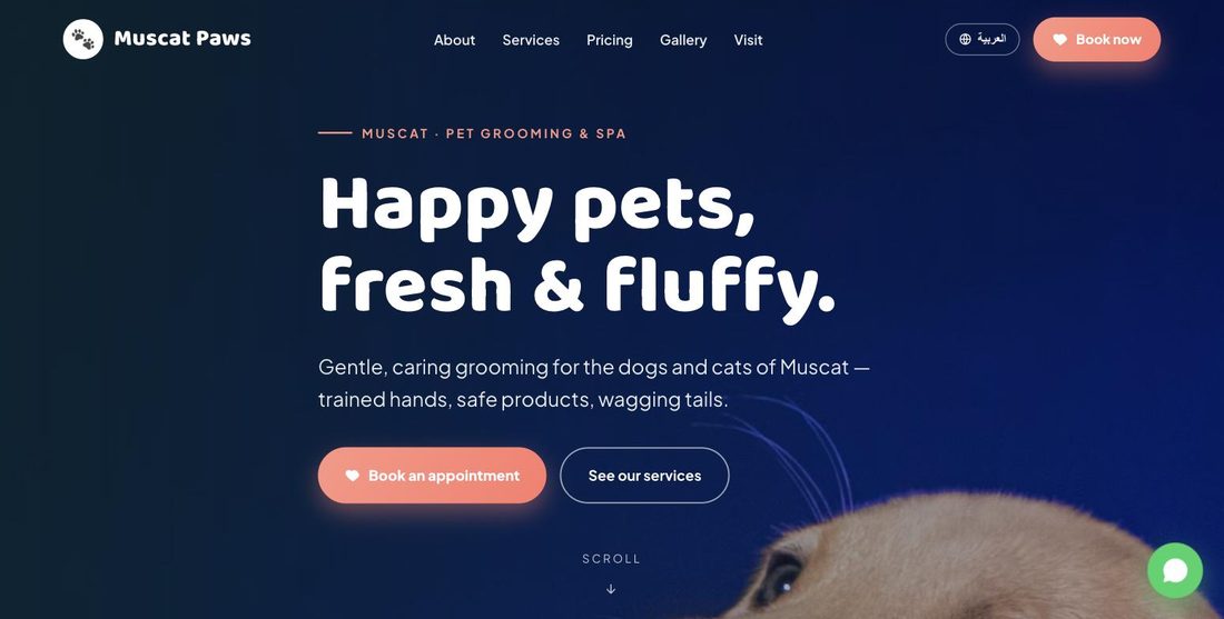 Muscat Paws website demo — ScrollJuice