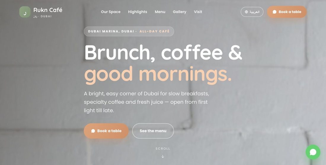 Rukn Café website demo — ScrollJuice