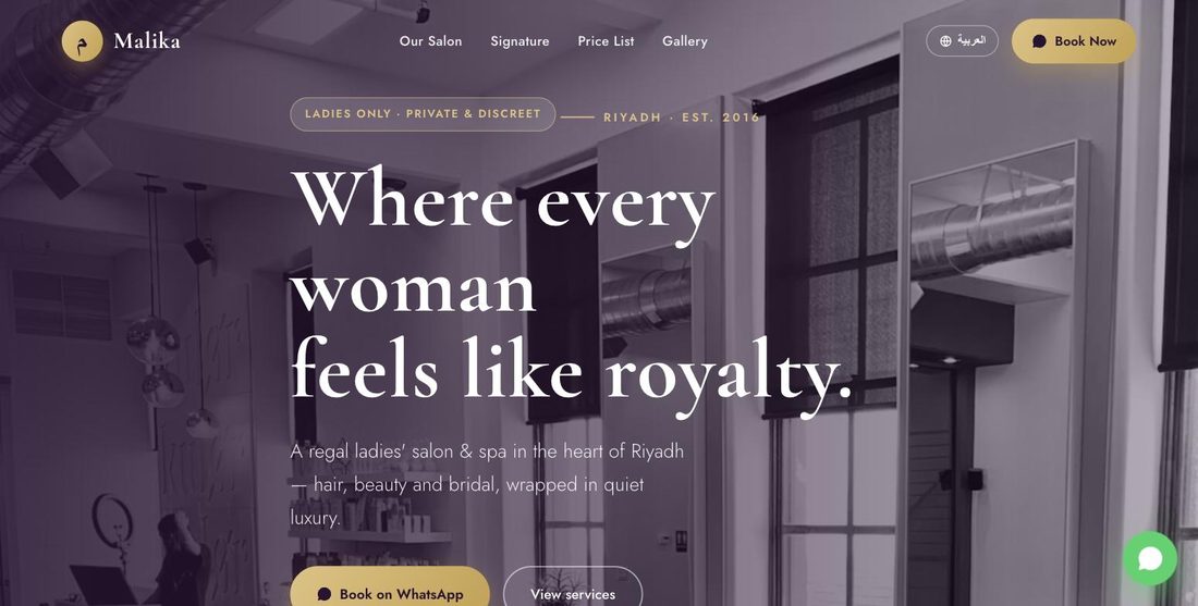 Malika Salon website demo — ScrollJuice
